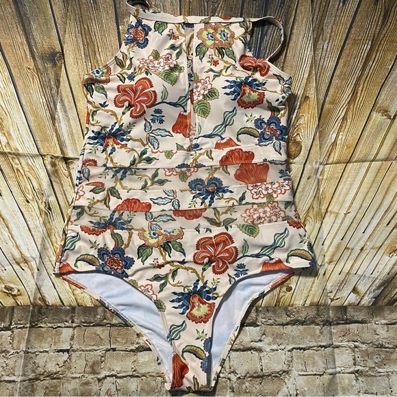 Orange Blue Floral Lightly Padded One Piece Swimsuit - Picture 1 of 5